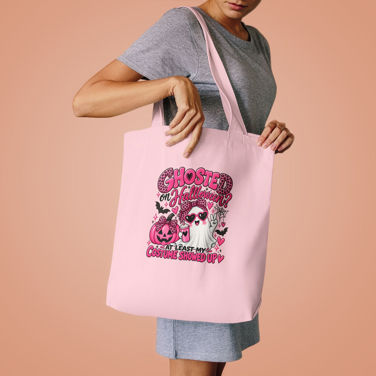 Halloween Ghost Tote Bag - "Ghosted on Halloween? My Costume Showed Up" Pink Graphic Cotton Tote