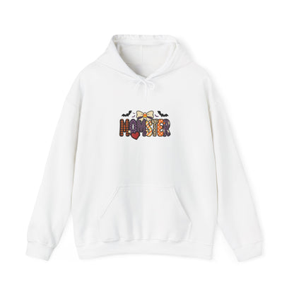 Momster Halloween Hoodie | Spooky Mom Pullover, Purple Orange Bat Graphic