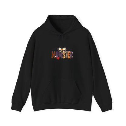 Momster Halloween Hoodie | Spooky Mom Pullover, Purple Orange Bat Graphic