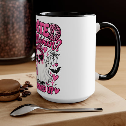 Halloween Ghost Mug — "Ghosted on Halloween" Cute Pink Costume Coffee Cup