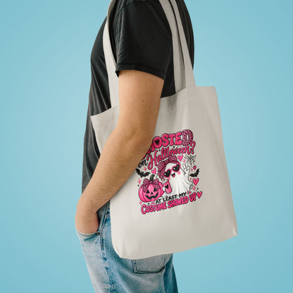 Halloween Ghost Tote Bag - "Ghosted on Halloween? My Costume Showed Up" Pink Graphic Cotton Tote