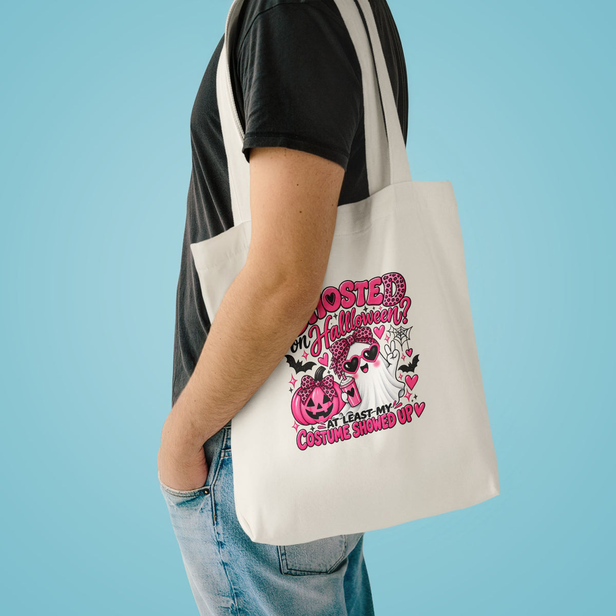Halloween Ghost Tote Bag - "Ghosted on Halloween? My Costume Showed Up" Pink Graphic Cotton Tote