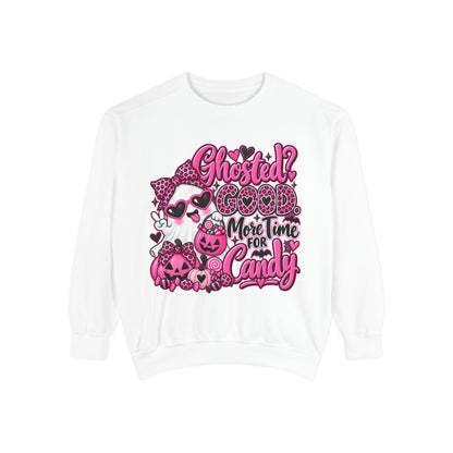 Halloween Sweatshirt — "Ghosted? Good. More Time for Candy" Pink Retro Graphic