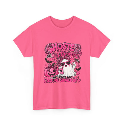 Halloween Ghost Tee – "Ghosted on Halloween? At Least My Costume Showed Up" Pink Cute Graphic