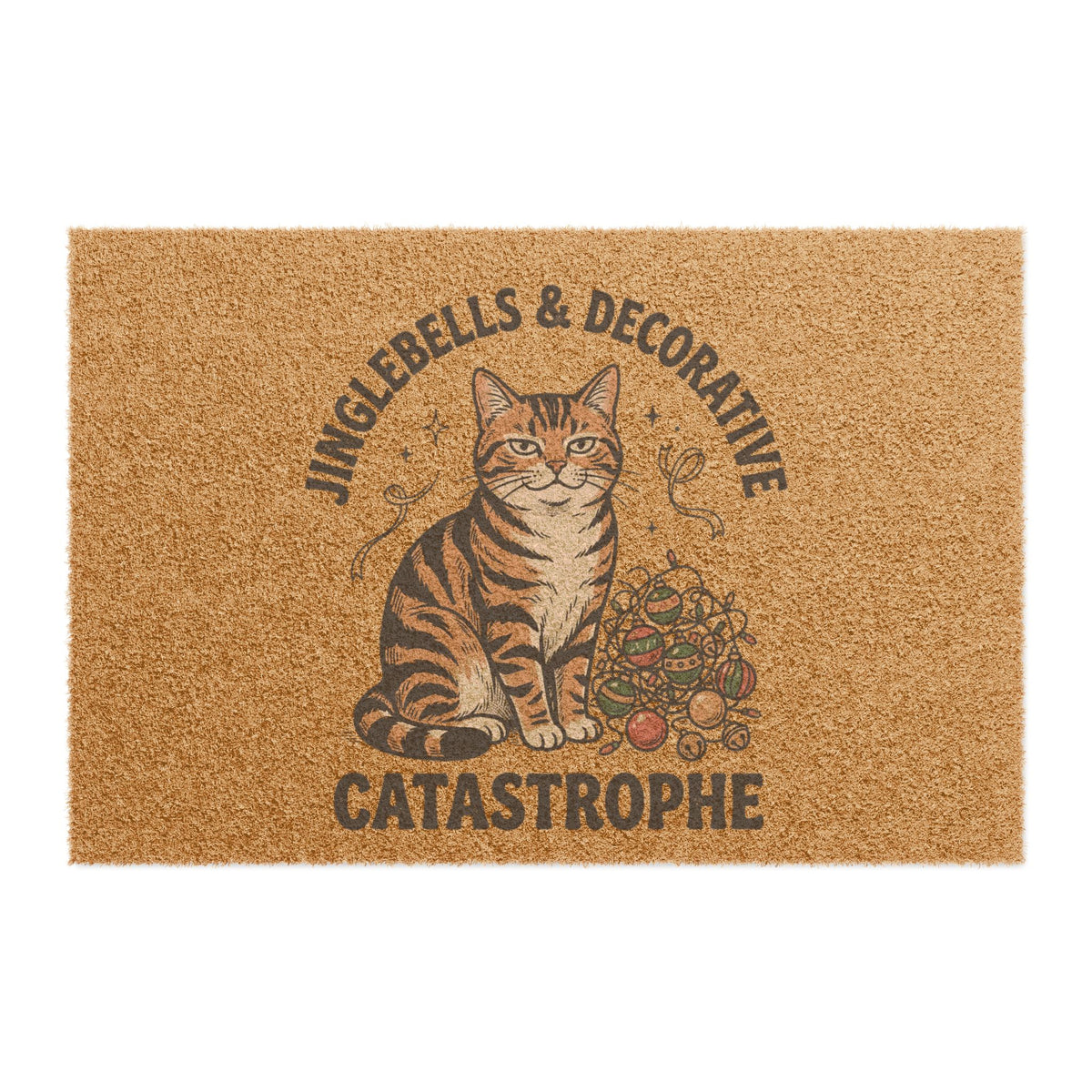 Doormat — "Jinglebells & Decorative Catastrophe" Funny Holiday Cat Welcome Mat
