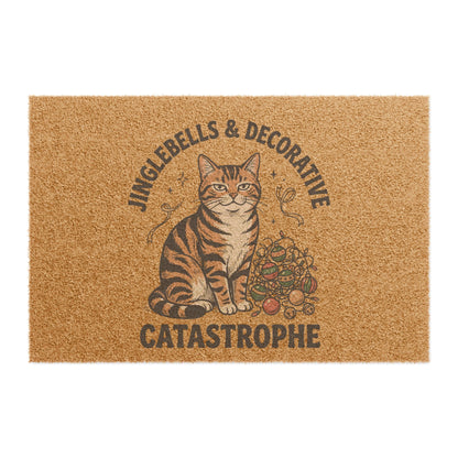 Doormat — "Jinglebells & Decorative Catastrophe" Funny Holiday Cat Welcome Mat
