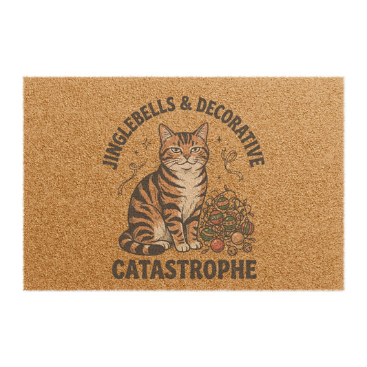 Doormat — "Jinglebells & Decorative Catastrophe" Funny Holiday Cat Welcome Mat