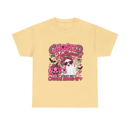 Halloween Ghost Tee – "Ghosted on Halloween? At Least My Costume Showed Up" Pink Cute Graphic