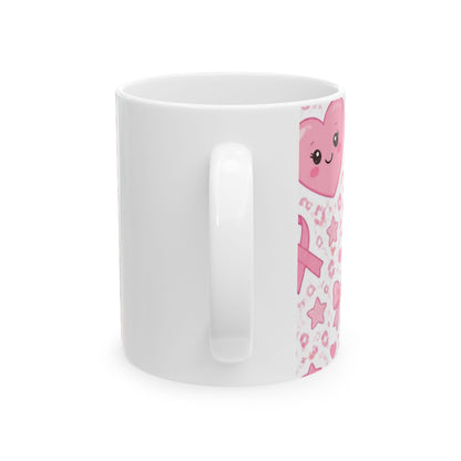 Breast Cancer Awareness Pink Ribbon Ceramic Mug – Cute Heart & Ribbon Pattern (11oz/15oz)
