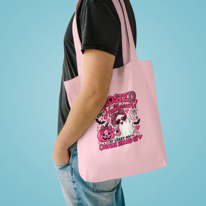 Halloween Ghost Tote Bag - "Ghosted on Halloween? My Costume Showed Up" Pink Graphic Cotton Tote