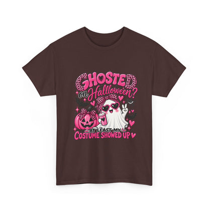 Halloween Ghost Tee – "Ghosted on Halloween? At Least My Costume Showed Up" Pink Cute Graphic