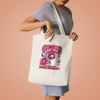 Halloween Ghost Tote Bag - "Ghosted on Halloween? My Costume Showed Up" Pink Graphic Cotton Tote