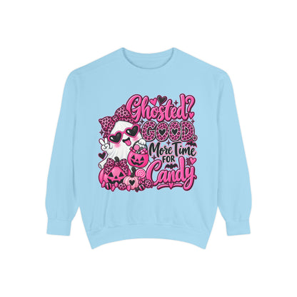 Halloween Sweatshirt — "Ghosted? Good. More Time for Candy" Pink Retro Graphic