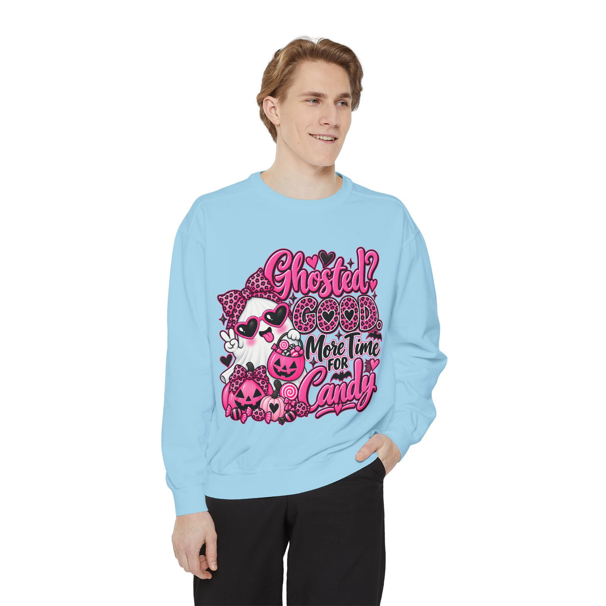 Halloween Sweatshirt — "Ghosted? Good. More Time for Candy" Pink Retro Graphic