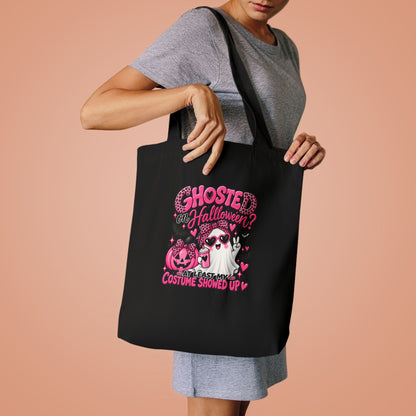 Halloween Ghost Tote Bag - "Ghosted on Halloween? My Costume Showed Up" Pink Graphic Cotton Tote