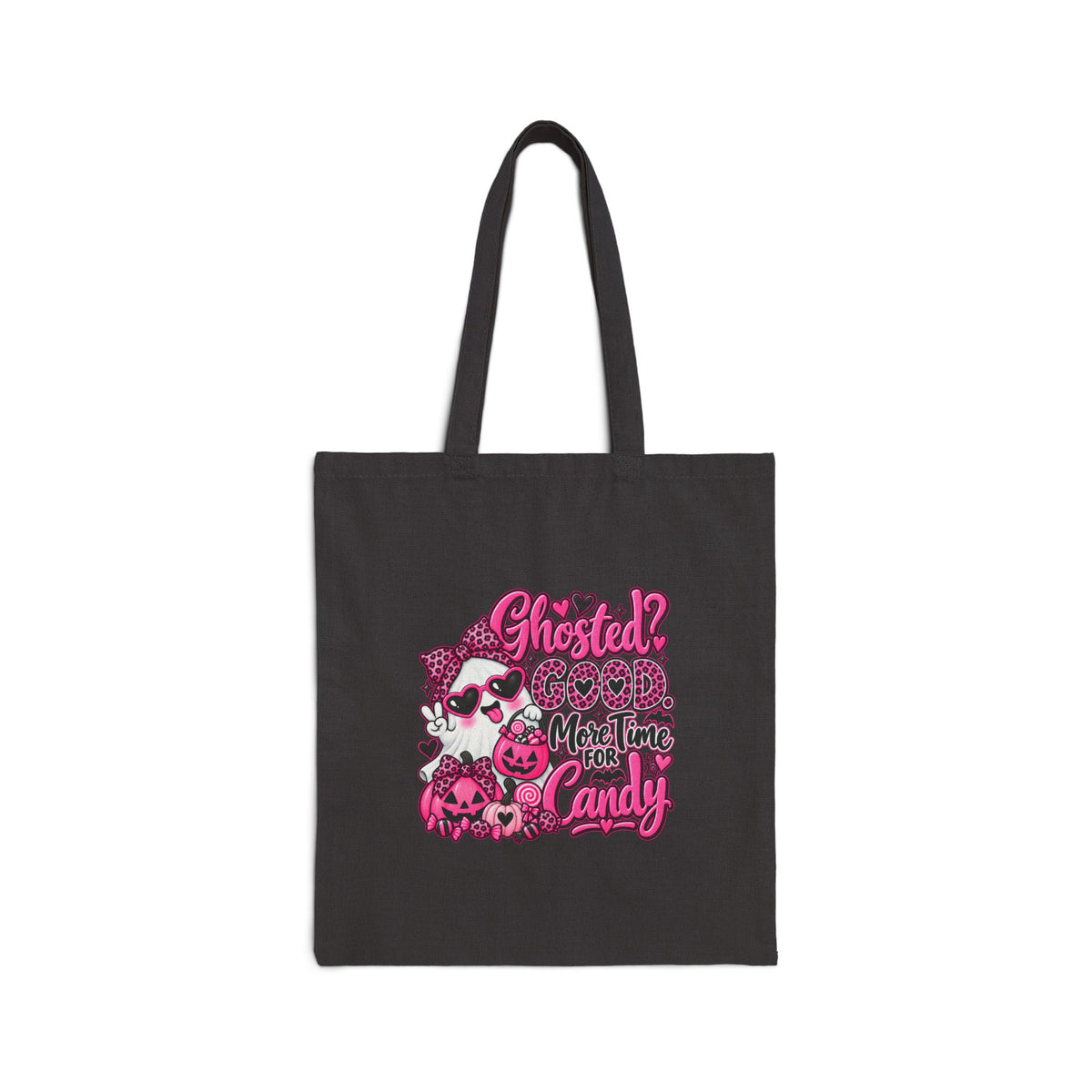 Halloween Canvas Tote — "Ghosted? More Time for Candy" Pink Skull Trick-or-Treat Bag