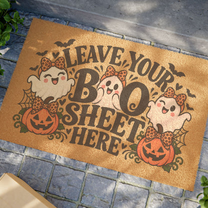 Halloween 'Leave Your Boo Sheet Here' Doormat - Cute Ghosts & Pumpkins Welcome Mat