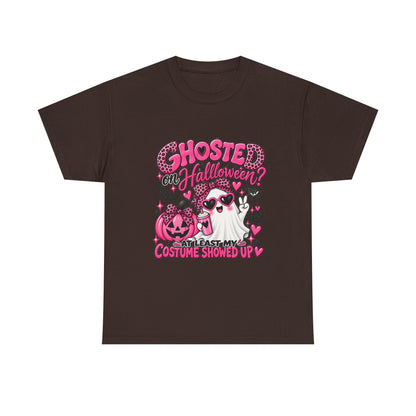 Halloween Ghost Tee – "Ghosted on Halloween? At Least My Costume Showed Up" Pink Cute Graphic