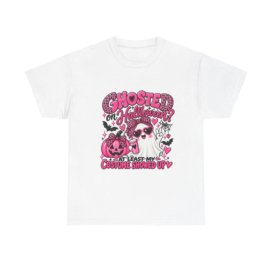 Halloween Ghost Tee – "Ghosted on Halloween? At Least My Costume Showed Up" Pink Cute Graphic