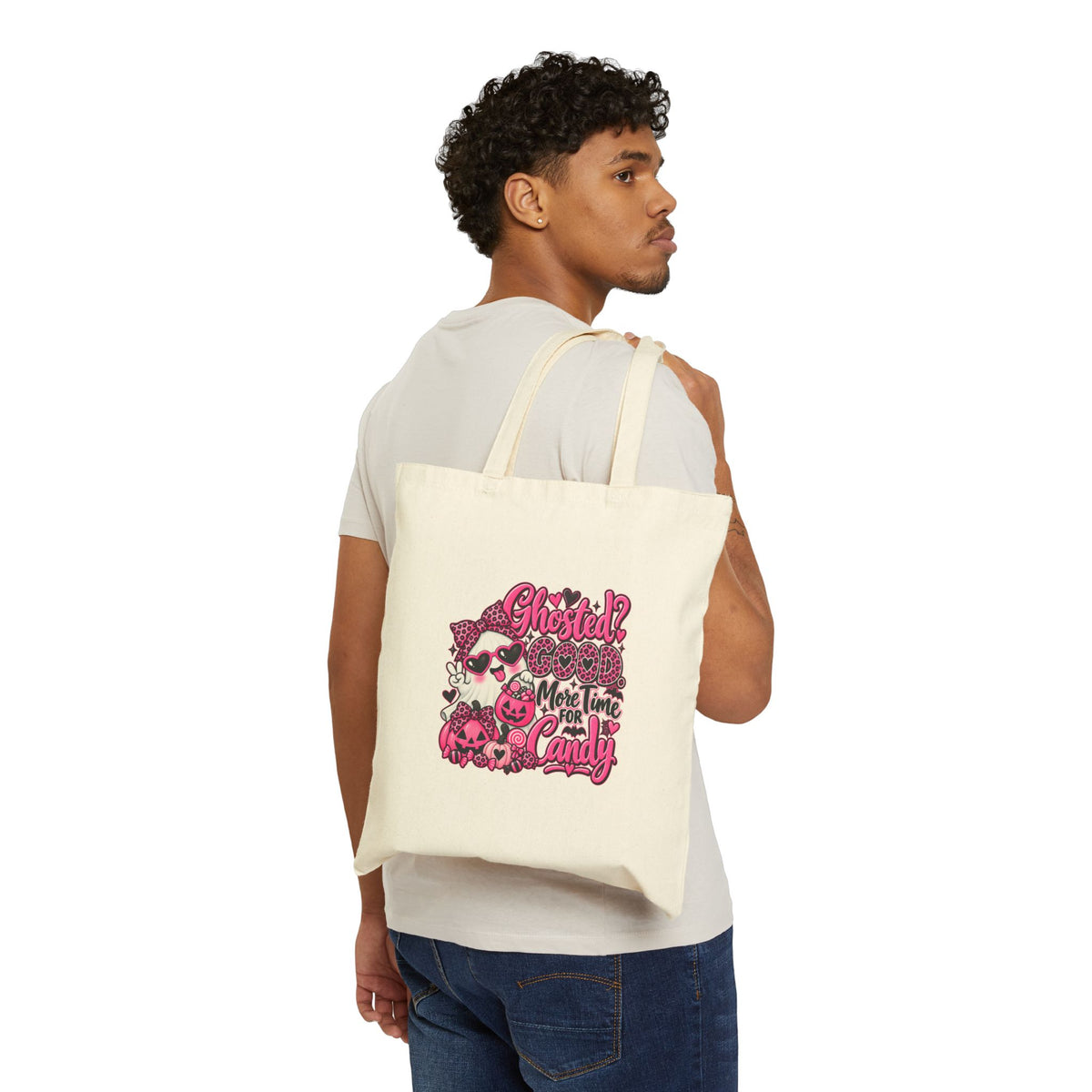 Halloween Canvas Tote — "Ghosted? More Time for Candy" Pink Skull Trick-or-Treat Bag