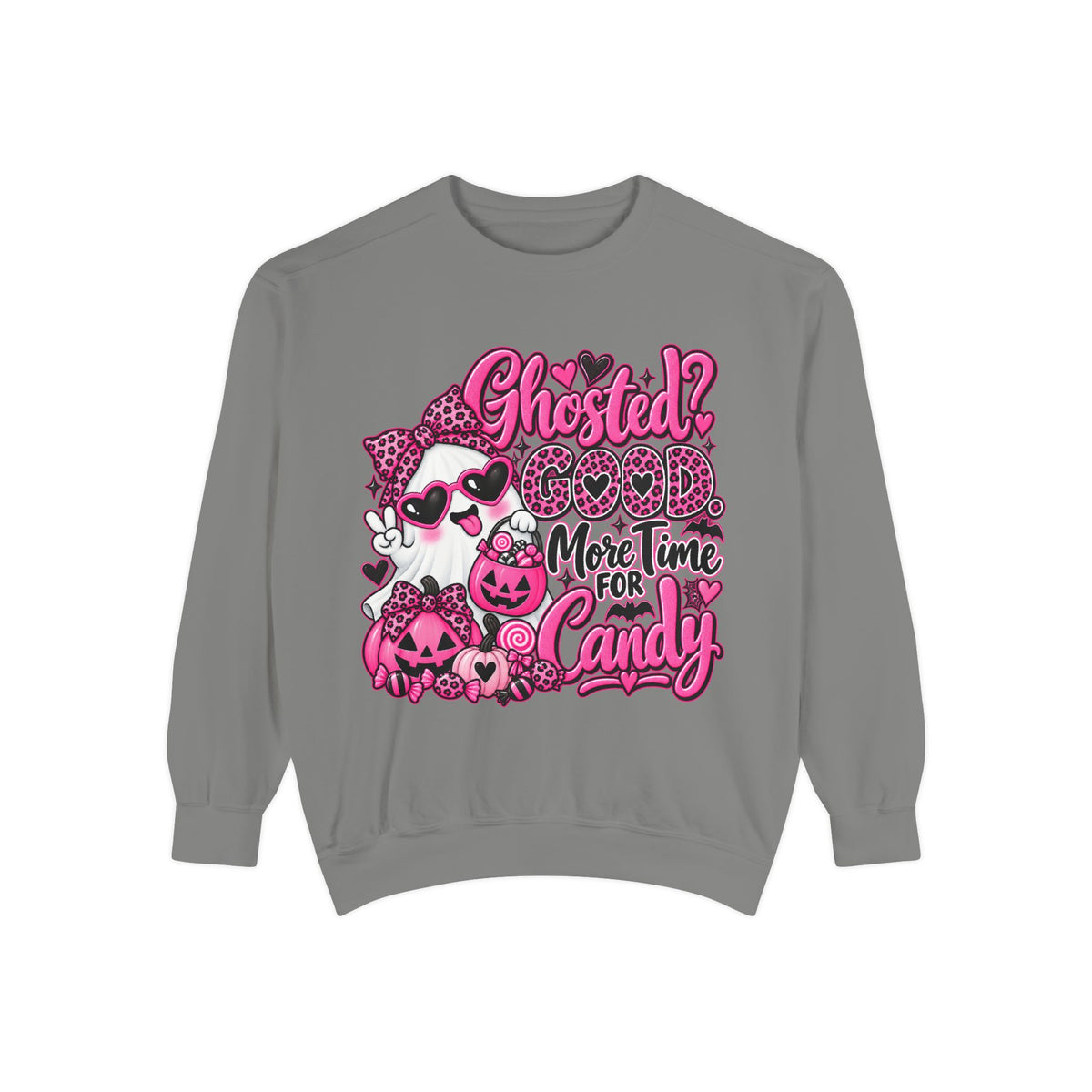 Halloween Sweatshirt — "Ghosted? Good. More Time for Candy" Pink Retro Graphic