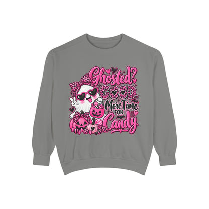 Halloween Sweatshirt — "Ghosted? Good. More Time for Candy" Pink Retro Graphic