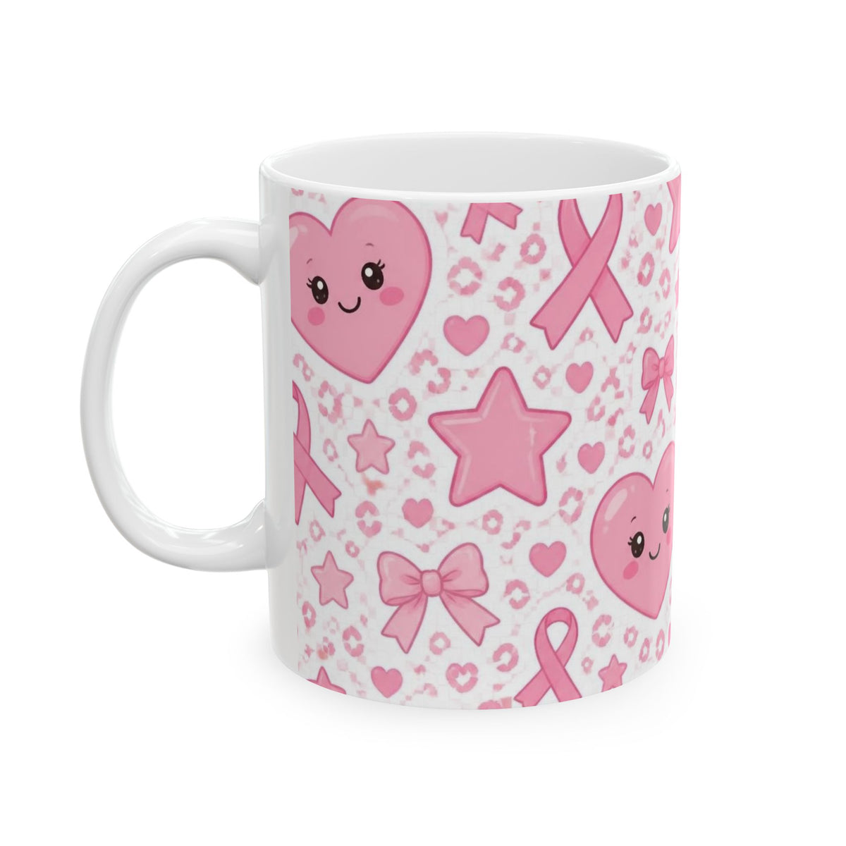 Breast Cancer Awareness Pink Ribbon Ceramic Mug – Cute Heart & Ribbon Pattern (11oz/15oz)