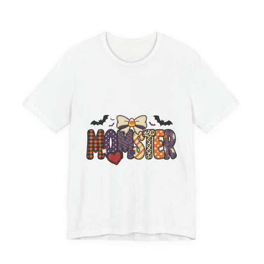 Momster Halloween Graphic Tee | Spooky Mom Shirt, Purple Orange Bats