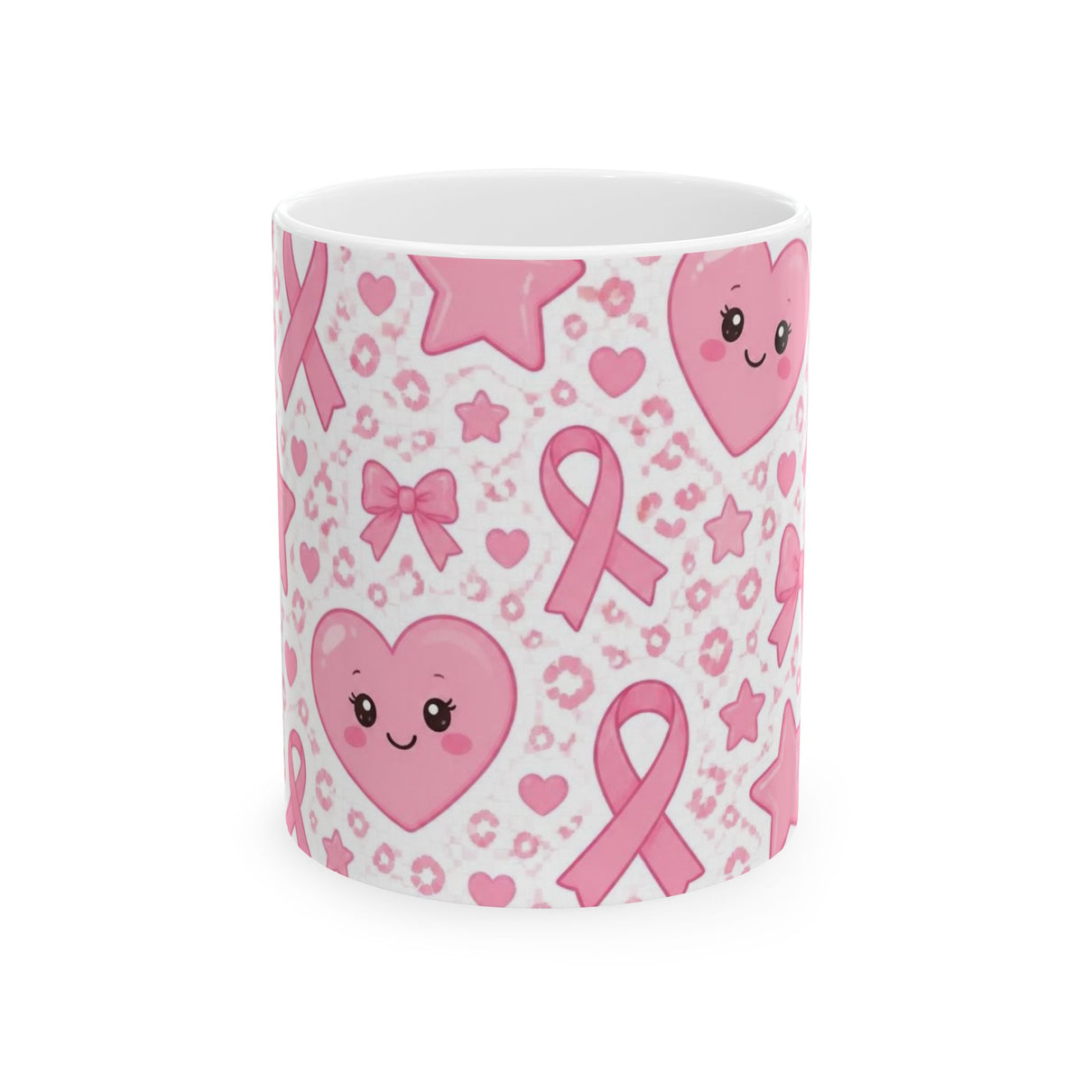 Breast Cancer Awareness Pink Ribbon Ceramic Mug – Cute Heart & Ribbon Pattern (11oz/15oz)