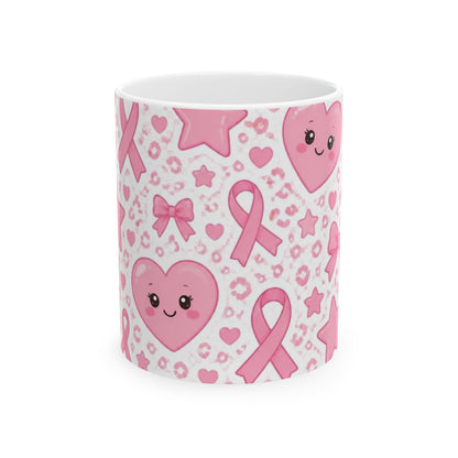 Breast Cancer Awareness Pink Ribbon Ceramic Mug – Cute Heart & Ribbon Pattern (11oz/15oz)