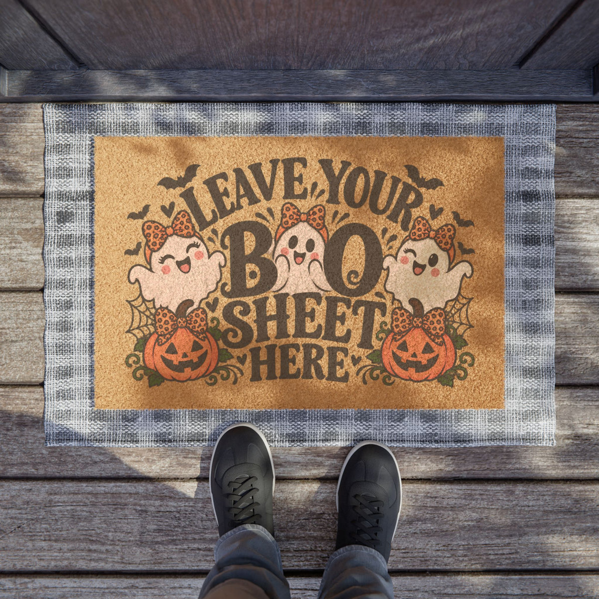 Halloween 'Leave Your Boo Sheet Here' Doormat - Cute Ghosts & Pumpkins Welcome Mat