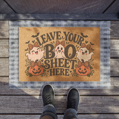 Halloween 'Leave Your Boo Sheet Here' Doormat - Cute Ghosts & Pumpkins Welcome Mat
