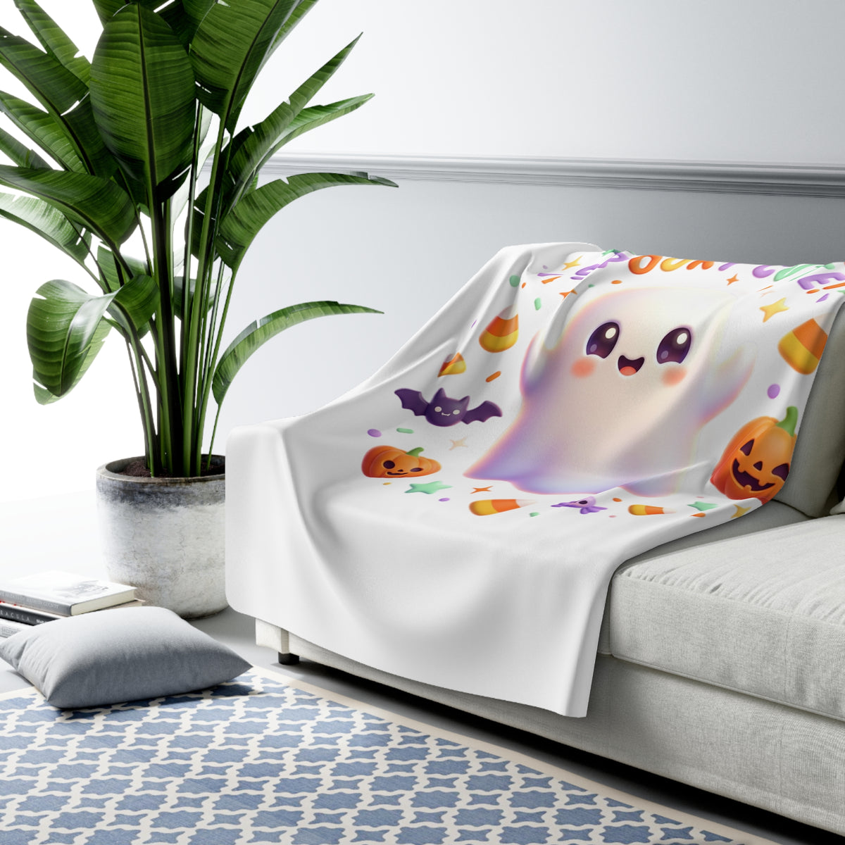 Spooky Cute Ghost Sherpa Blanket | Halloween Pumpkin Candy Plush Throw