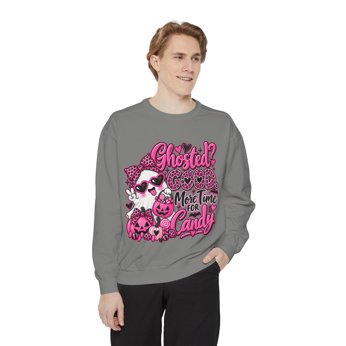 Halloween Sweatshirt — "Ghosted? Good. More Time for Candy" Pink Retro Graphic