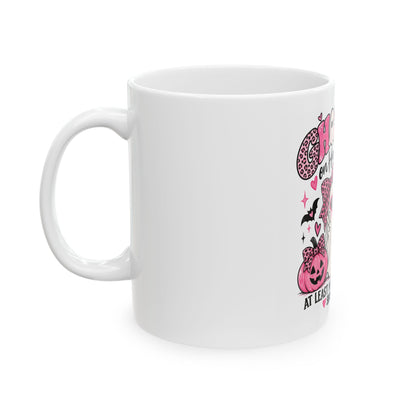 Halloween Ghost Mug - “Ghosted on Halloween? At Least My Costume Showed Up” Pink Cute Spooky Coffee Cup
