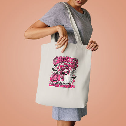 Halloween Ghost Tote Bag - "Ghosted on Halloween? My Costume Showed Up" Pink Graphic Cotton Tote