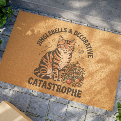 Doormat — "Jinglebells & Decorative Catastrophe" Funny Holiday Cat Welcome Mat