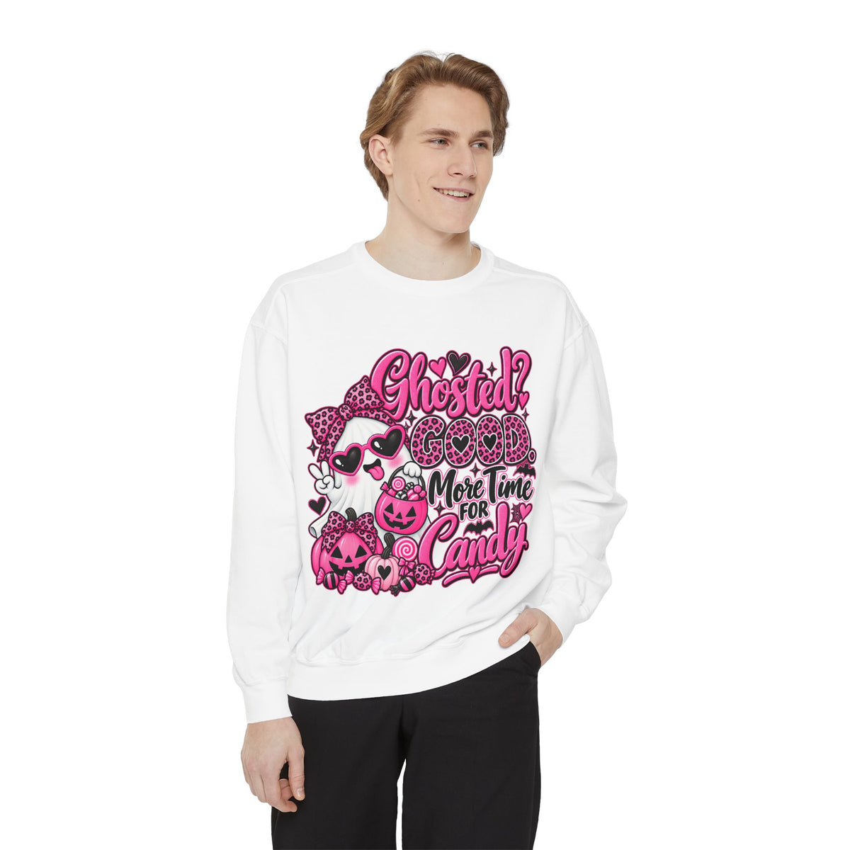 Halloween Sweatshirt — "Ghosted? Good. More Time for Candy" Pink Retro Graphic