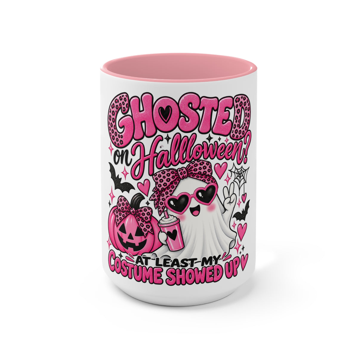 Halloween Ghost Mug — "Ghosted on Halloween" Cute Pink Costume Coffee Cup