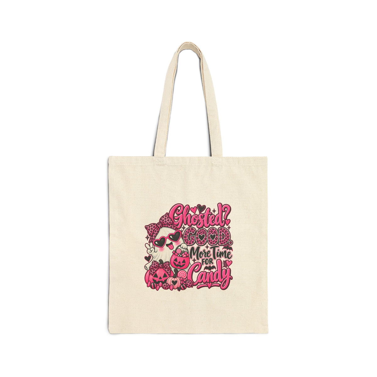 Halloween Canvas Tote — "Ghosted? More Time for Candy" Pink Skull Trick-or-Treat Bag