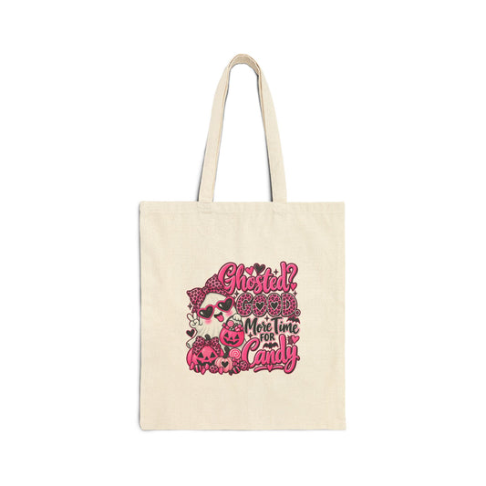 Halloween Canvas Tote — "Ghosted? More Time for Candy" Pink Skull Trick-or-Treat Bag