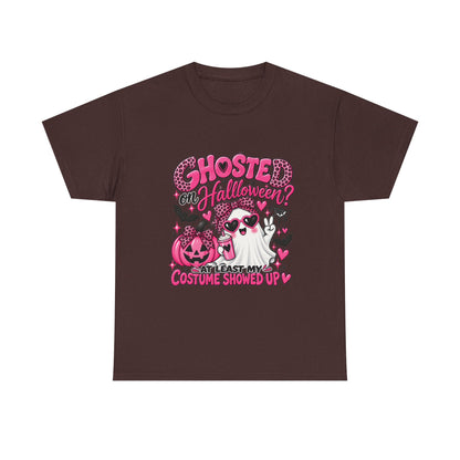 Halloween Ghost Tee – "Ghosted on Halloween? At Least My Costume Showed Up" Pink Cute Graphic
