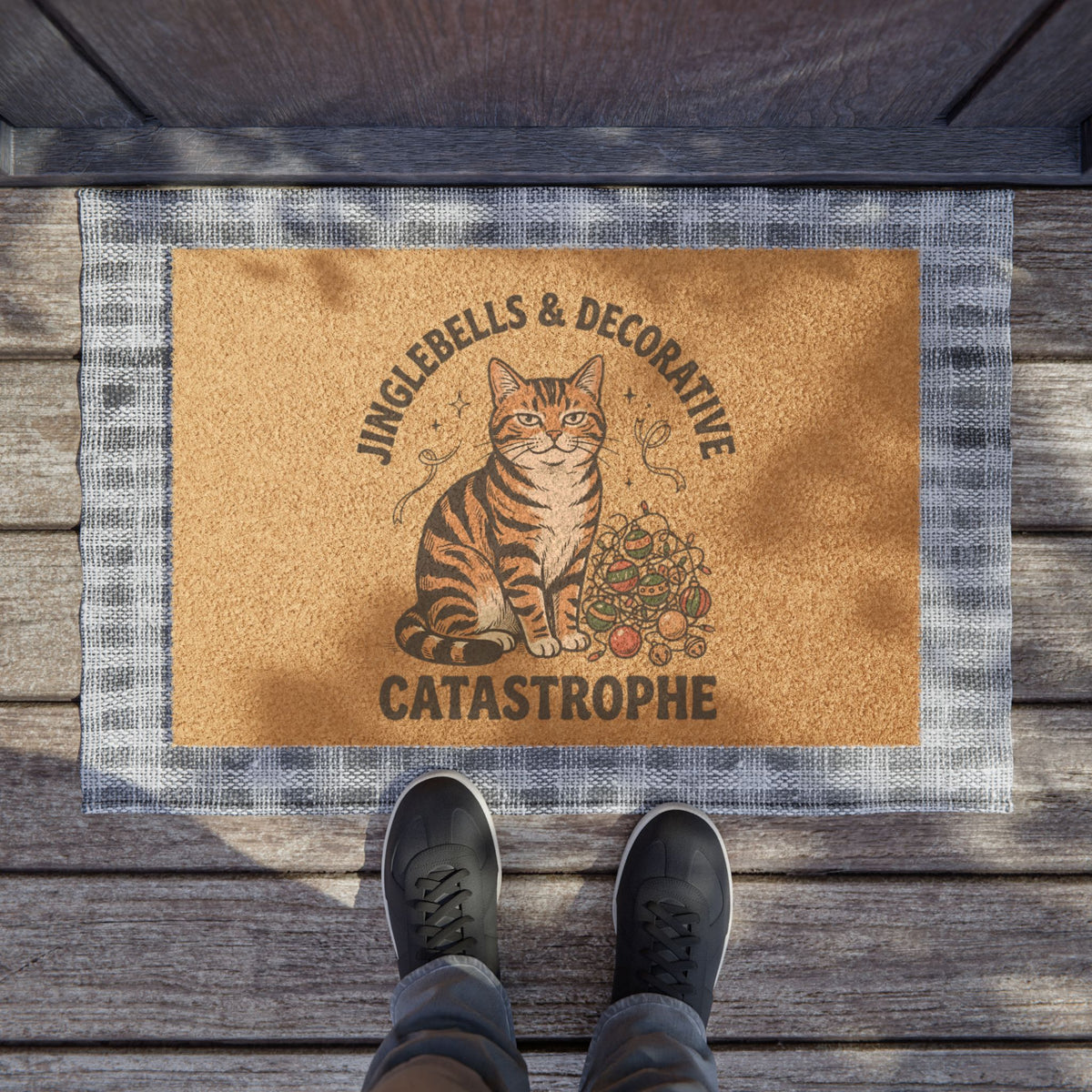 Doormat — "Jinglebells & Decorative Catastrophe" Funny Holiday Cat Welcome Mat