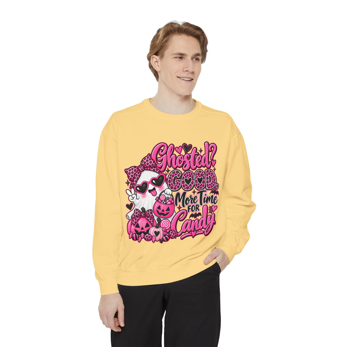 Halloween Sweatshirt — "Ghosted? Good. More Time for Candy" Pink Retro Graphic