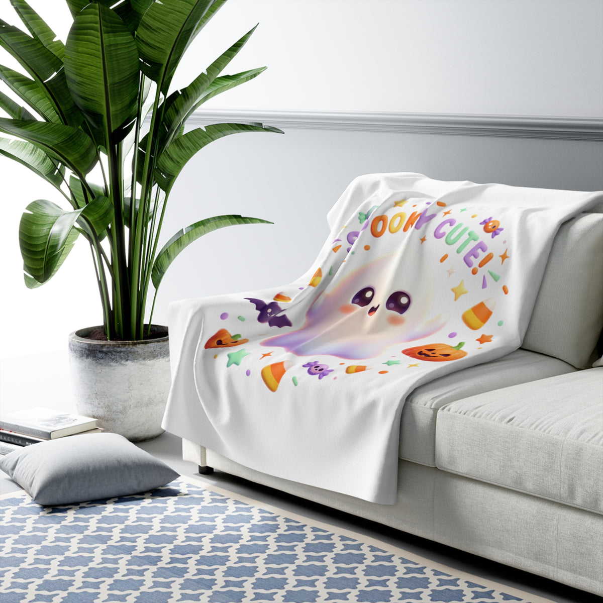 Spooky Cute Ghost Sherpa Blanket | Halloween Pumpkin Candy Plush Throw