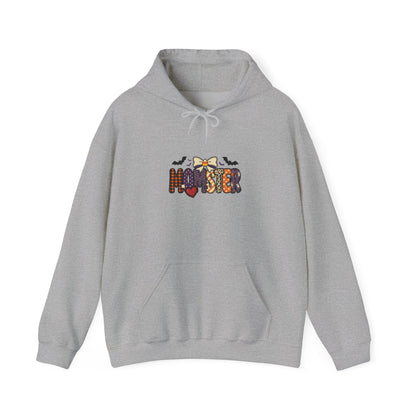 Momster Halloween Hoodie | Spooky Mom Pullover, Purple Orange Bat Graphic