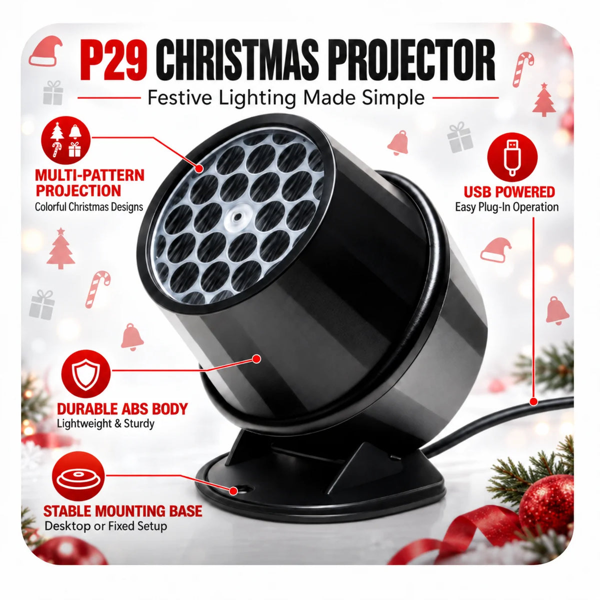 Christmas Projector Lights, Colorful Holiday Pattern Projection Lamp, USB Powered Indoor Party Light for Home, Room and Christma