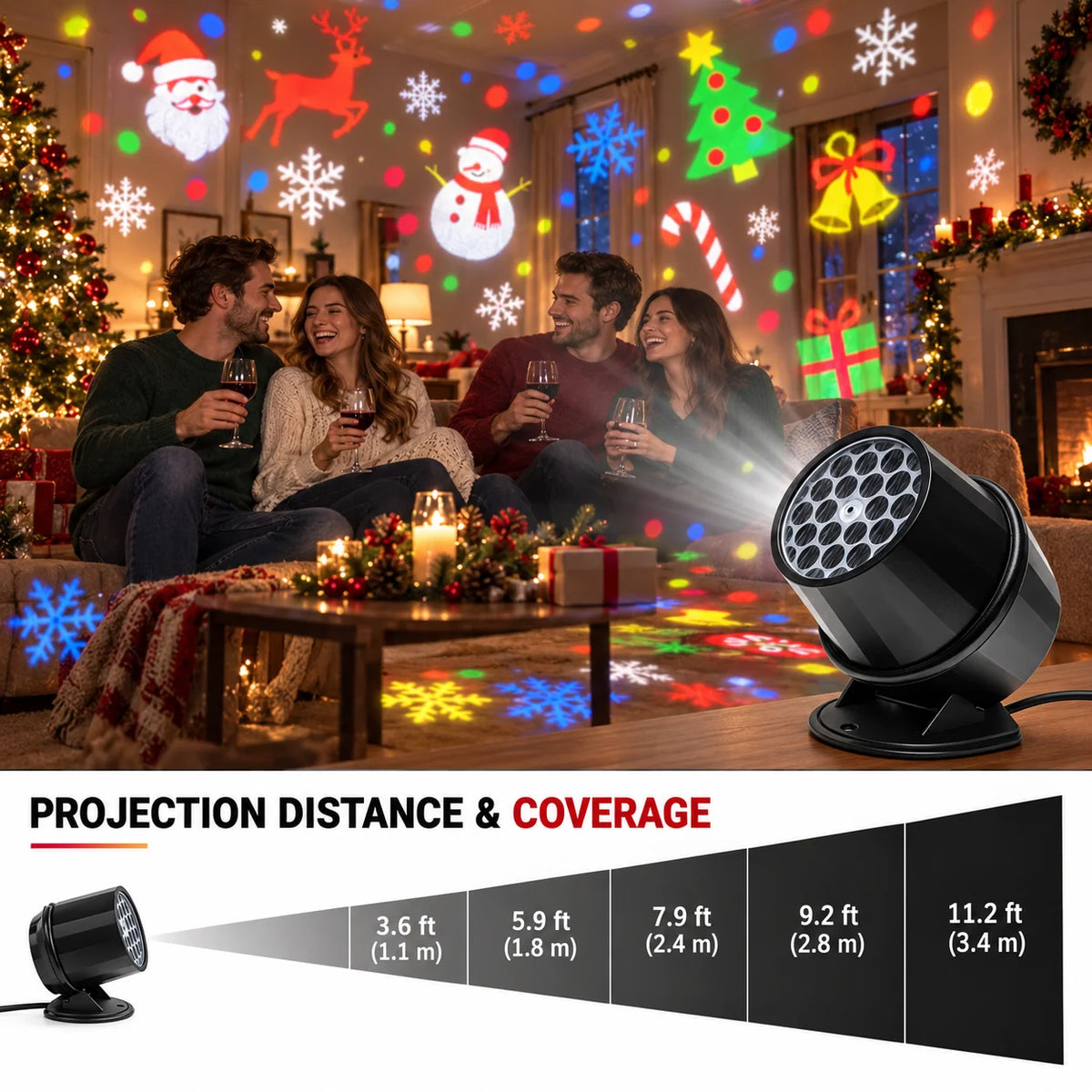 Christmas Projector Lights, Colorful Holiday Pattern Projection Lamp, USB Powered Indoor Party Light for Home, Room and Christma
