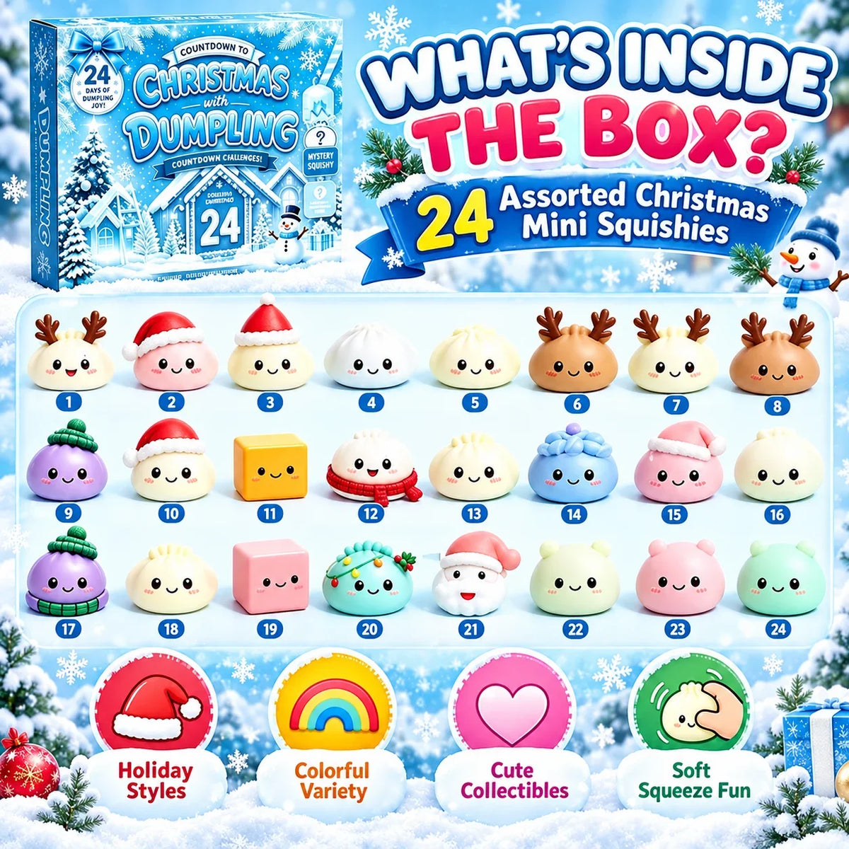2026 Christmas Mystery Dumpling Squishy Advent Calendar – 24-Piece Sensory Fidget Surprise