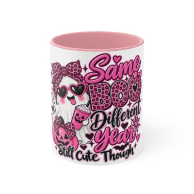 Accent Mug — Pink Cute Ghost Halloween Design: "Same Boo Different Year"